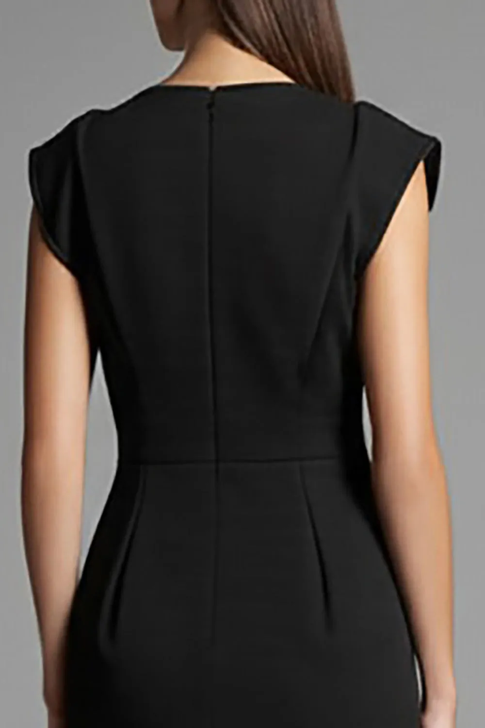 Black V-Neck Cap Sleeves Patchwork Midi Work Dress sold by Zapaka product image thumbnail 4