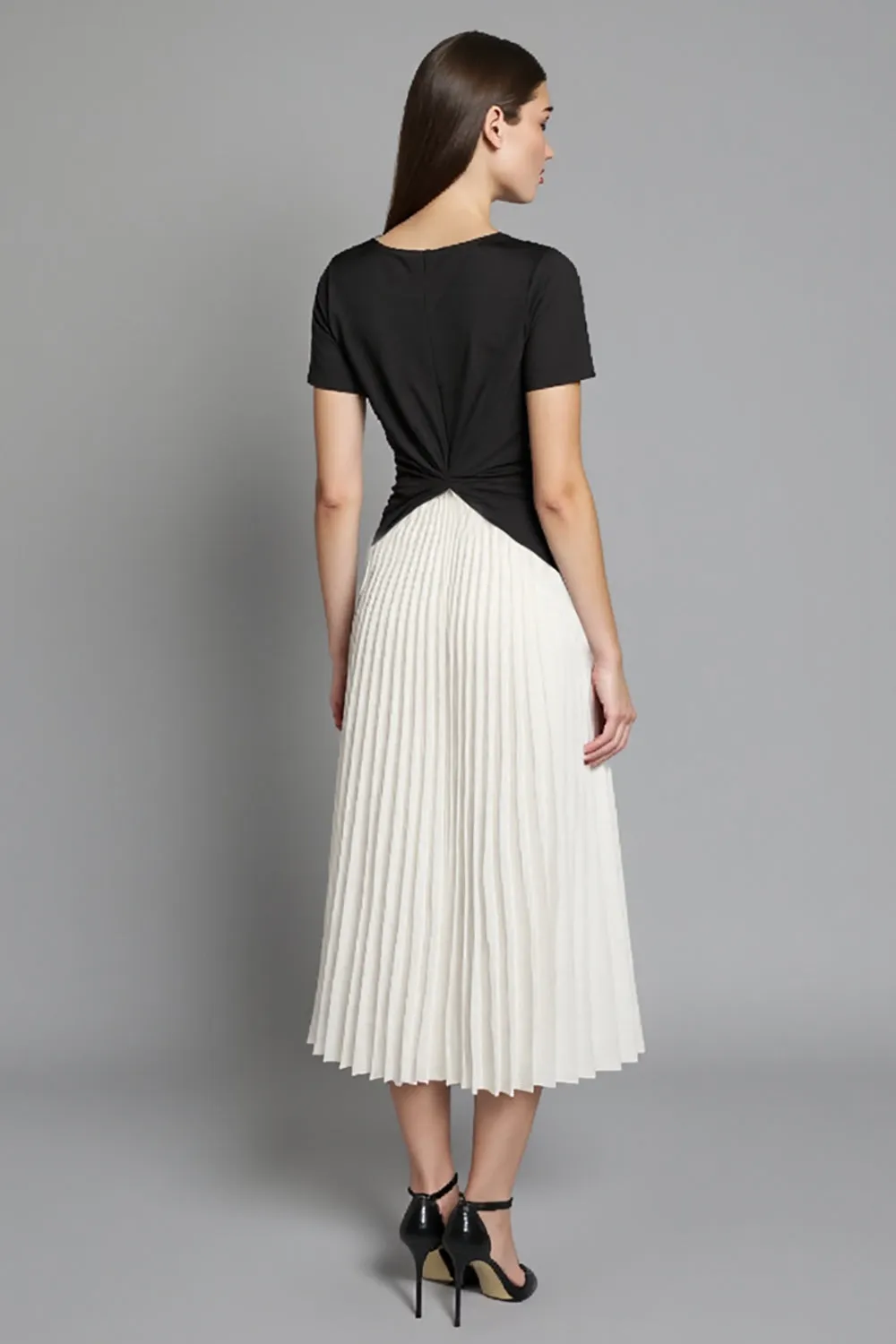 Ivory and Black Ruched Patchwork Long Work Dress with Pleats sold by Zapaka product image thumbnail 2