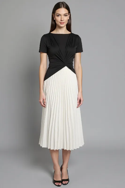 Ivory and Black Ruched Patchwork Long Work Dress with Pleats sold by Zapaka