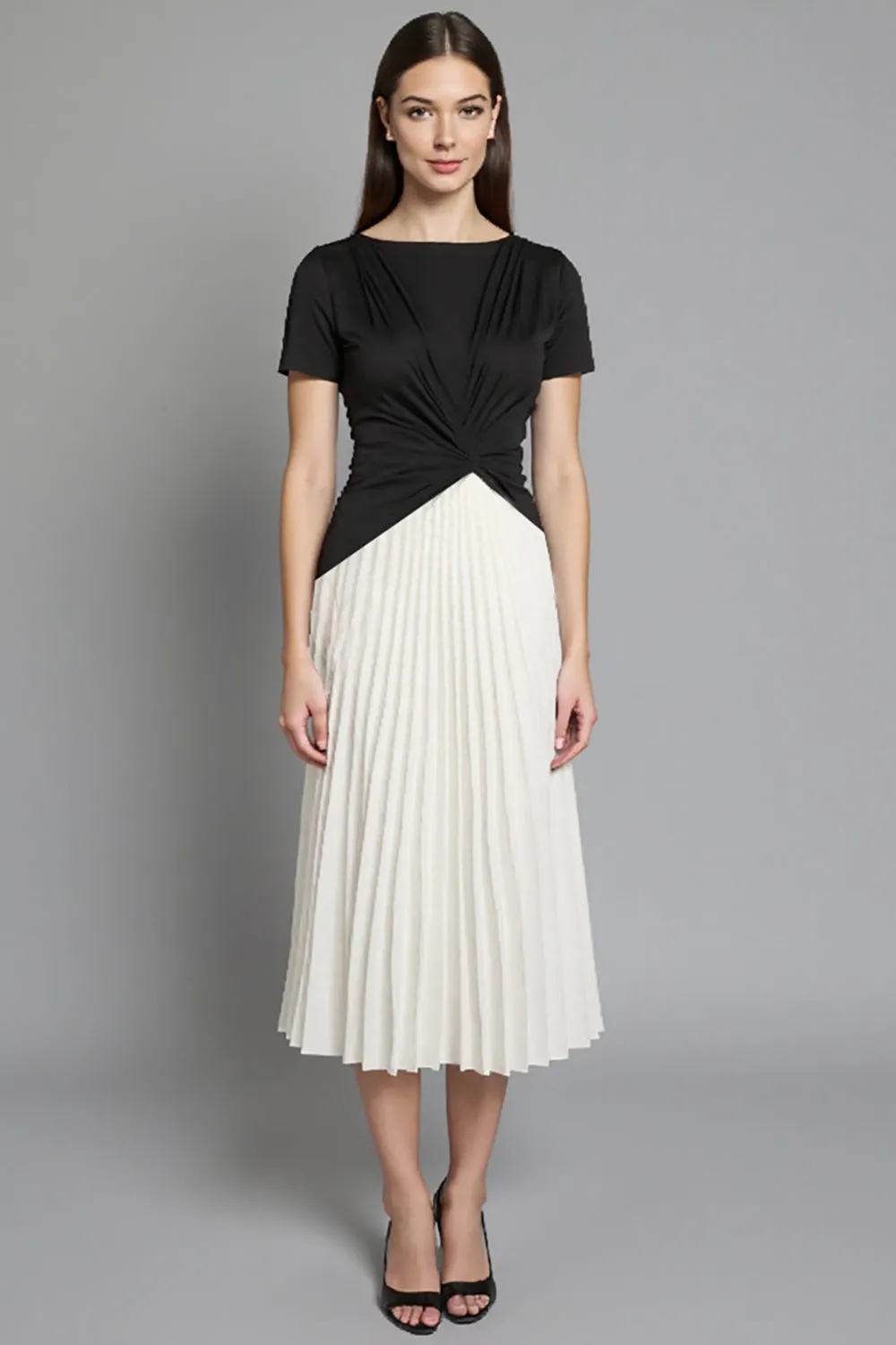 Ivory and Black Ruched Patchwork Long Work Dress with Pleats sold by Zapaka