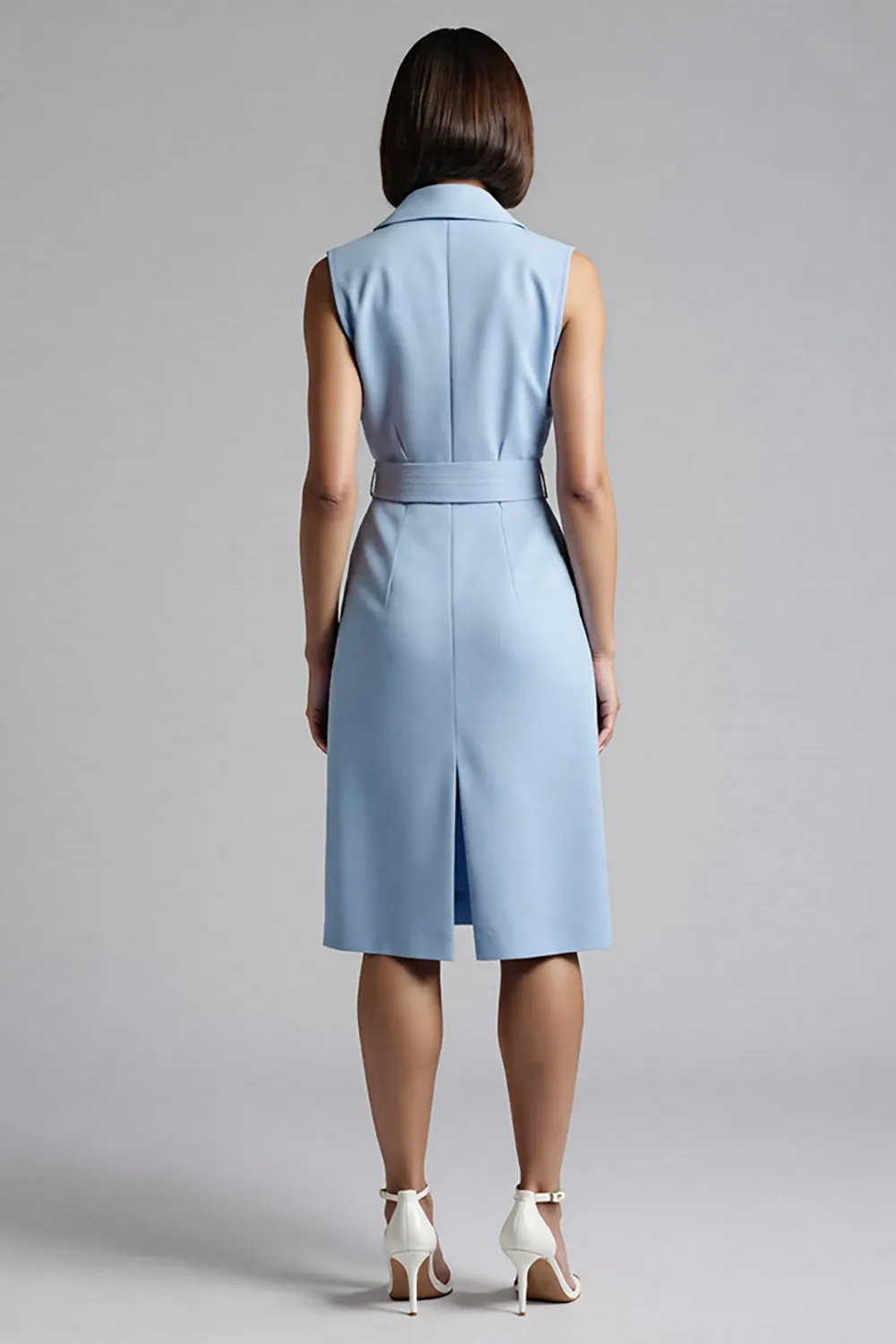 Sky Blue Sheath Notched Lapel Midi Work Dress with Belt sold by Zapaka product image thumbnail 2