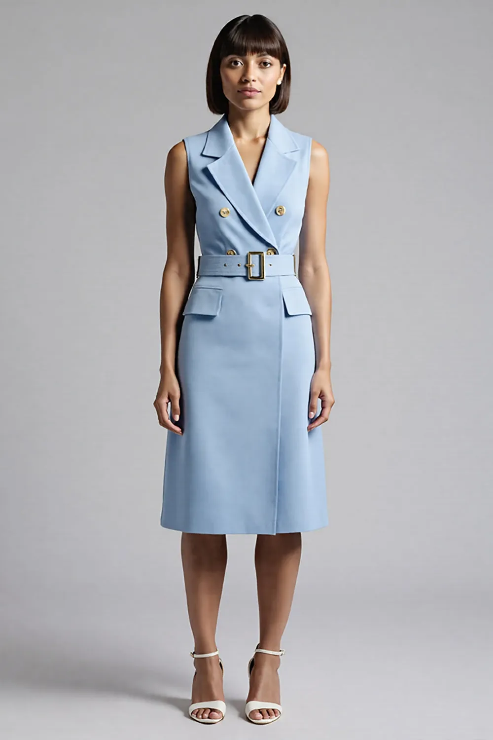 Sky Blue Sheath Notched Lapel Midi Work Dress with Belt sold by Zapaka