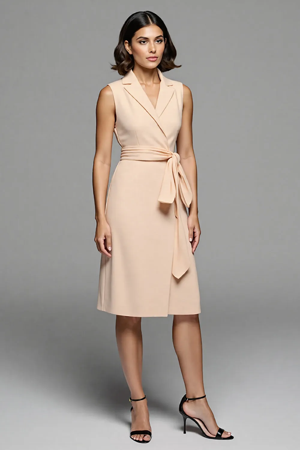 Champagne Notched Lapel Midi Work Dress with Sash sold by Zapaka