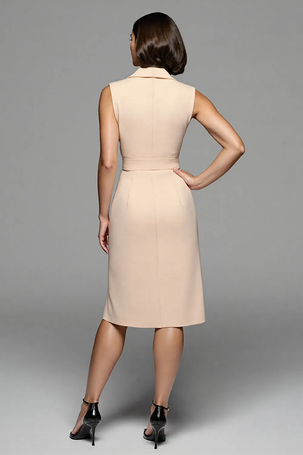 Champagne Notched Lapel Midi Work Dress with Sash sold by Zapaka product image thumbnail 2