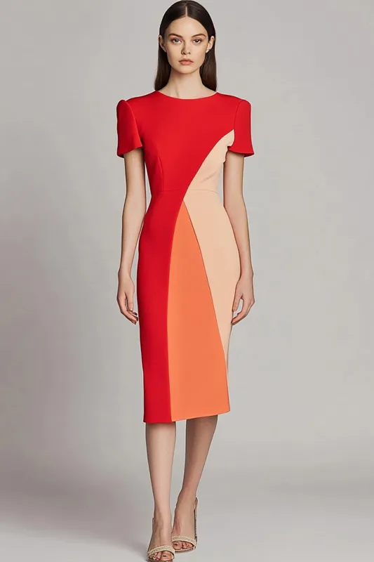 Red Bodycon Patchwork Midi Work Dress with Sleeves sold by Zapaka