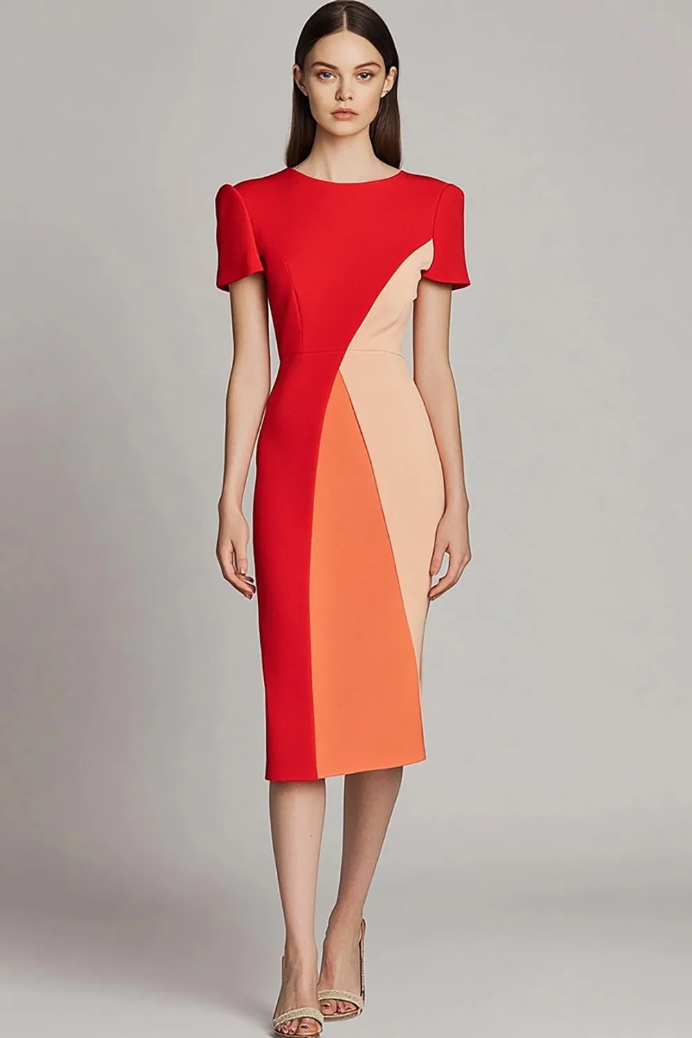 Red Bodycon Patchwork Midi Work Dress with Sleeves sold by Zapaka