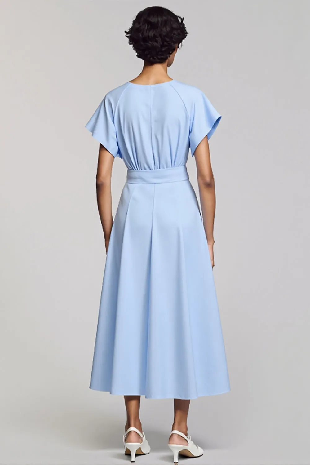 Sky Blue Short Sleeves A Line Long Work Dress with Belts sold by Zapaka product image thumbnail 2