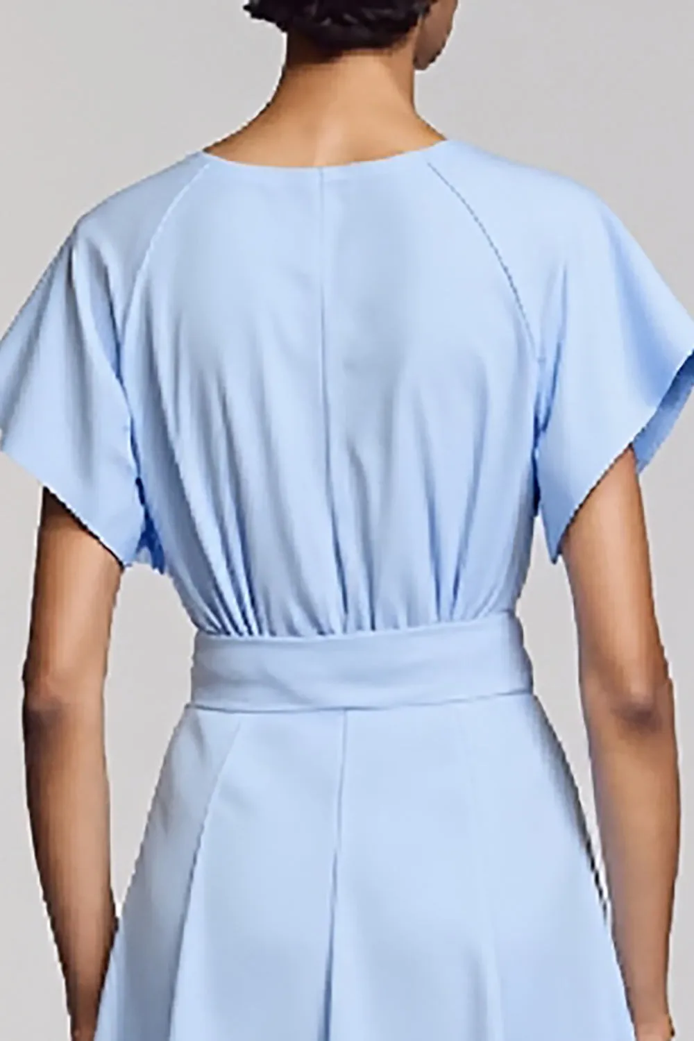 Sky Blue Short Sleeves A Line Long Work Dress with Belts sold by Zapaka product image thumbnail 4