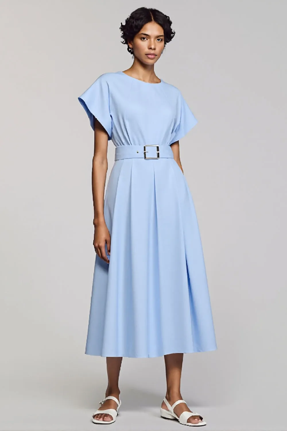 Sky Blue Short Sleeves A Line Long Work Dress with Belts sold by Zapaka