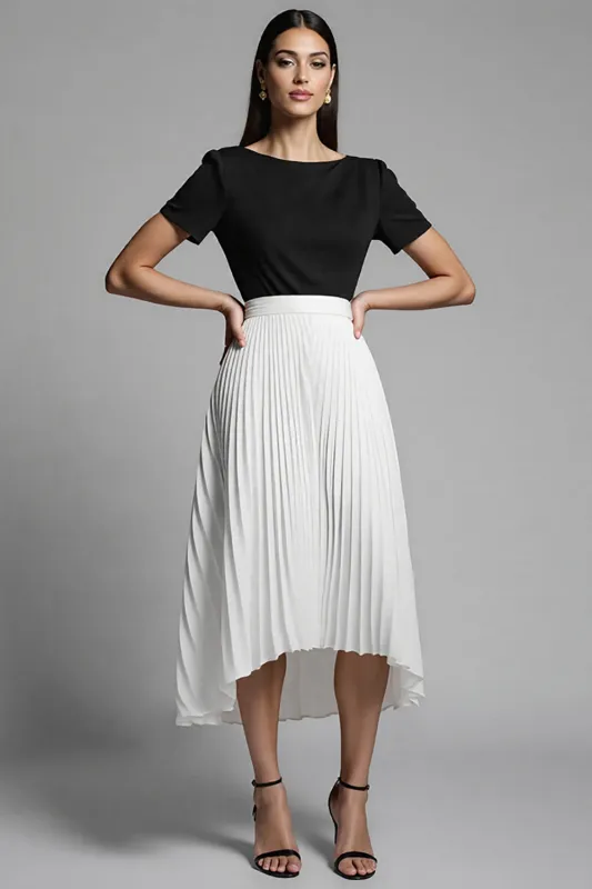 Ivory and Black A Line Long  Work Dress with Pleats sold by Zapaka