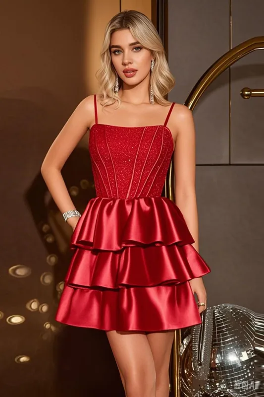 Dark Red Satin Spaghetti Straps Corset Homecoming Dress sold by Zapaka