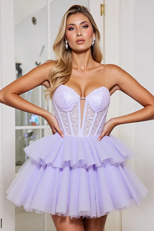 Corset Strapless A Line Tulle Lavender Homecoming Dress sold by Zapaka