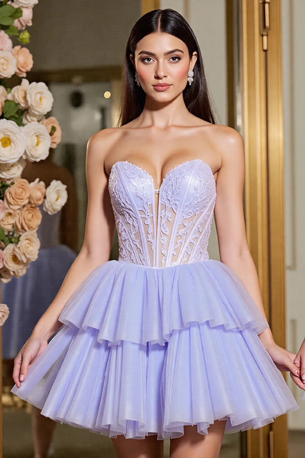 A Line Tulle Lavender Strapless Corset Homecoming Dress sold by Zapaka
