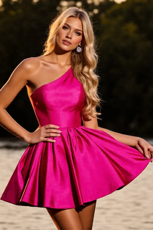 Fuchsia A Line One Shoulder Short Homecoming Dress sold by Zapaka