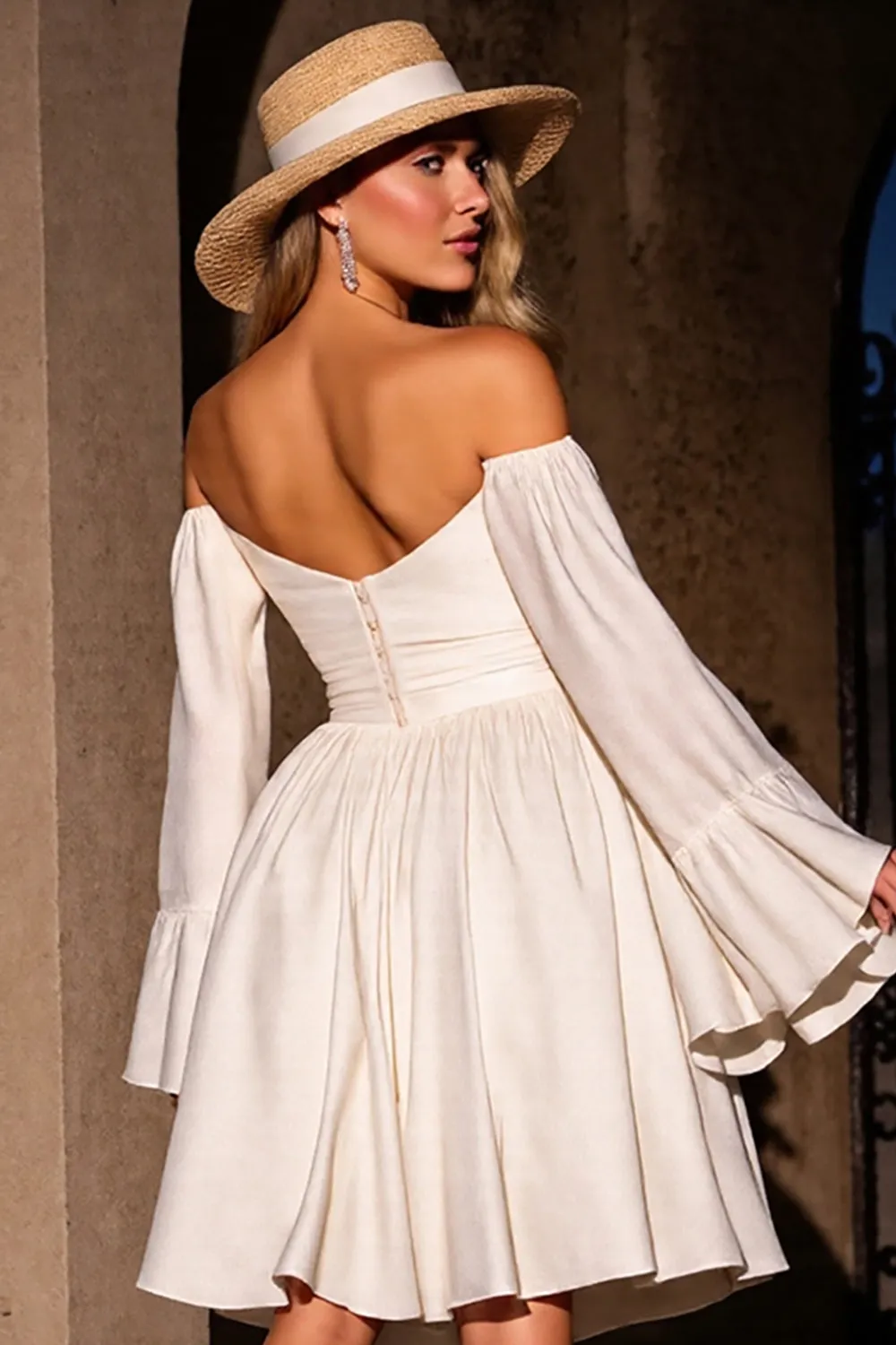 Off The Shoulder A Line Ivory Cocktail Dress with Long Sleeves sold by Zapaka product image thumbnail 4