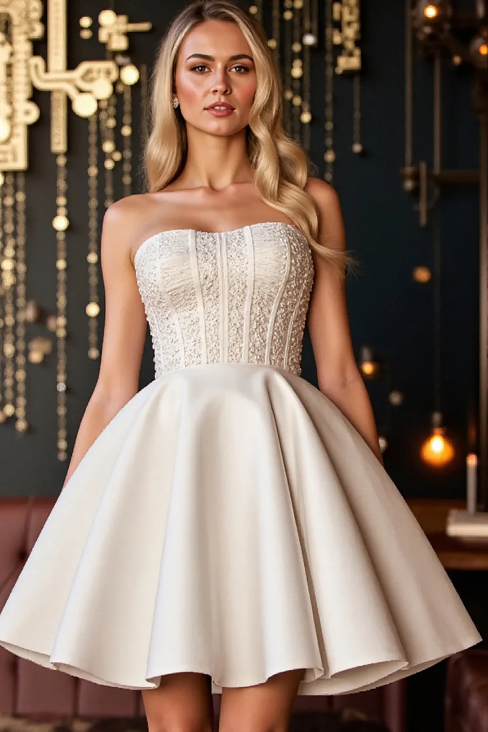 Ivory A Line Satin Strapless Corset Short Homecoming Dress sold by Zapaka