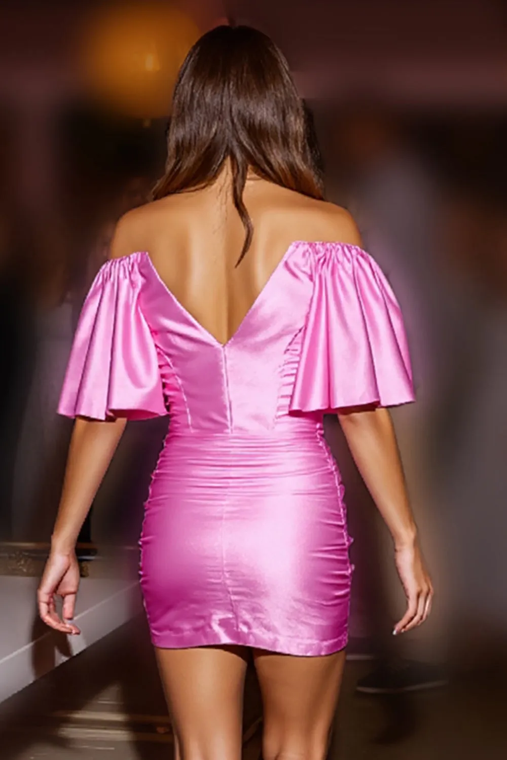 Fuchsia Satin Off the Shoulder Bodycon Short Homecoming Dress sold by Zapaka product image thumbnail 2
