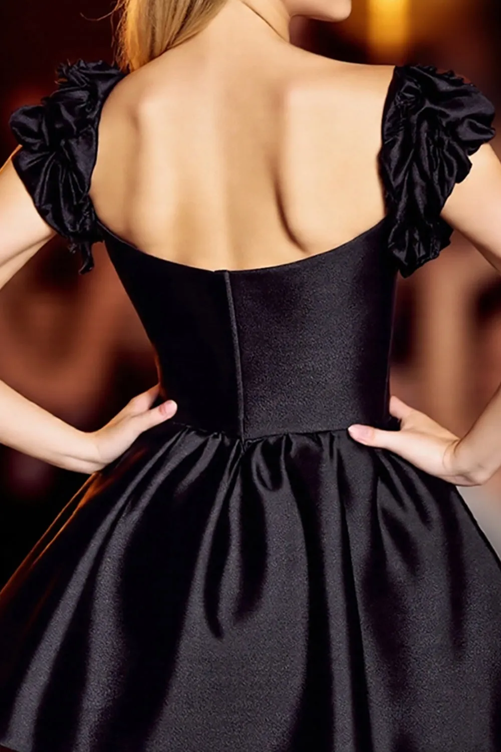 Black A Line Satin Short Homecoming Dress with Ruffles sold by Zapaka product image thumbnail 4
