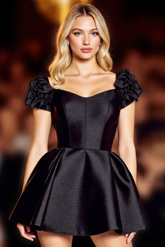 Black A Line Satin Short Homecoming Dress with Ruffles sold by Zapaka