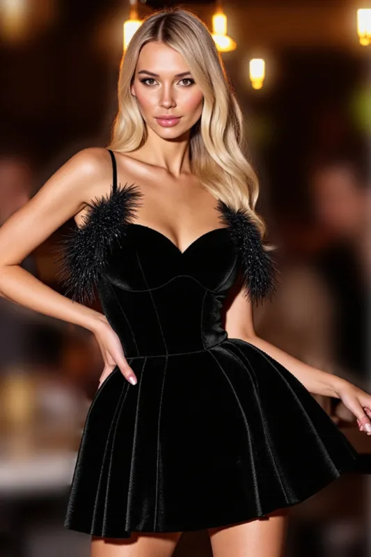 Black Velvet Corset Short Cocktail Dress with Feathers sold by Zapaka
