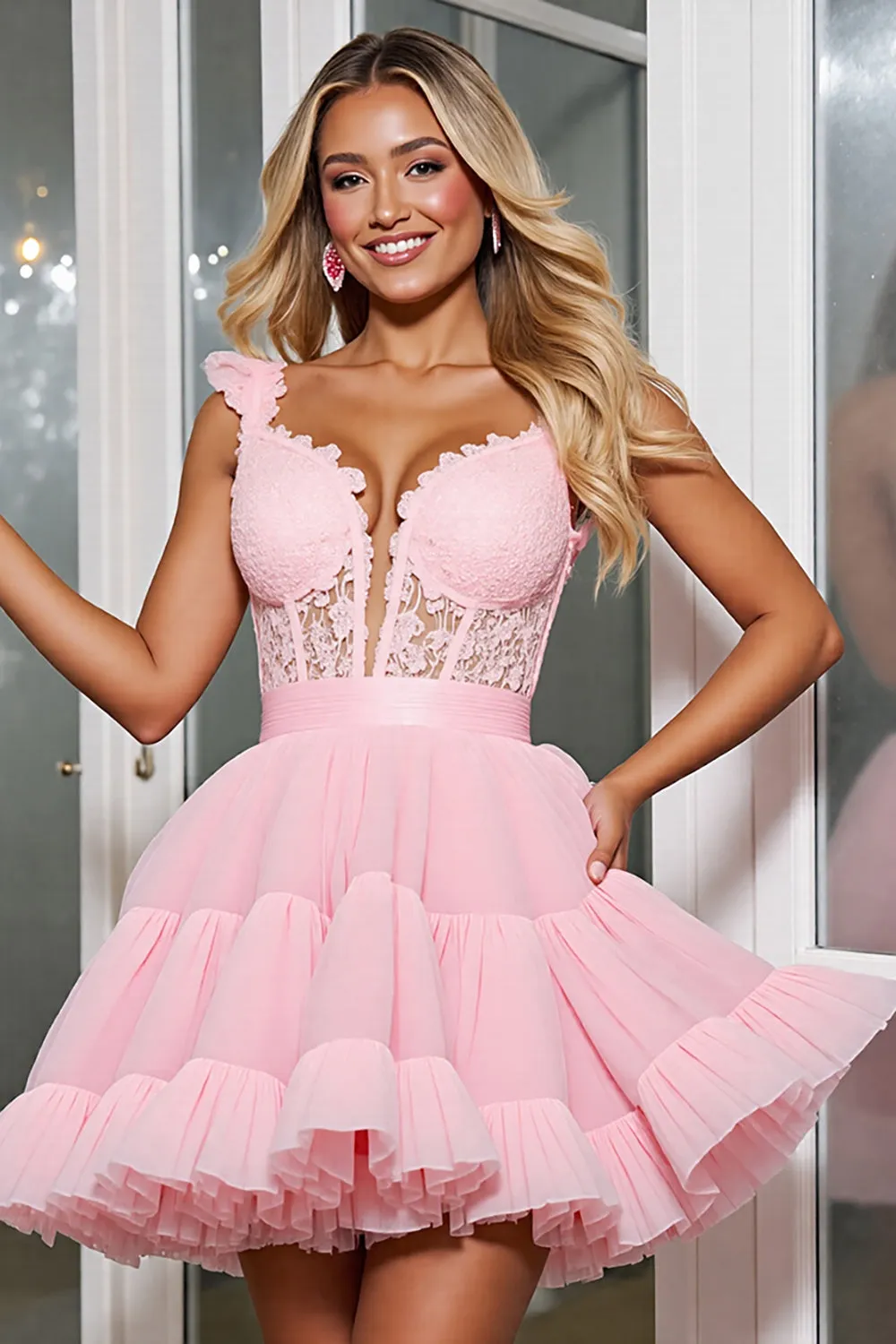 Light Pink Tulle Corset Appliqued A Line Short Homecoming Dress sold by Zapaka