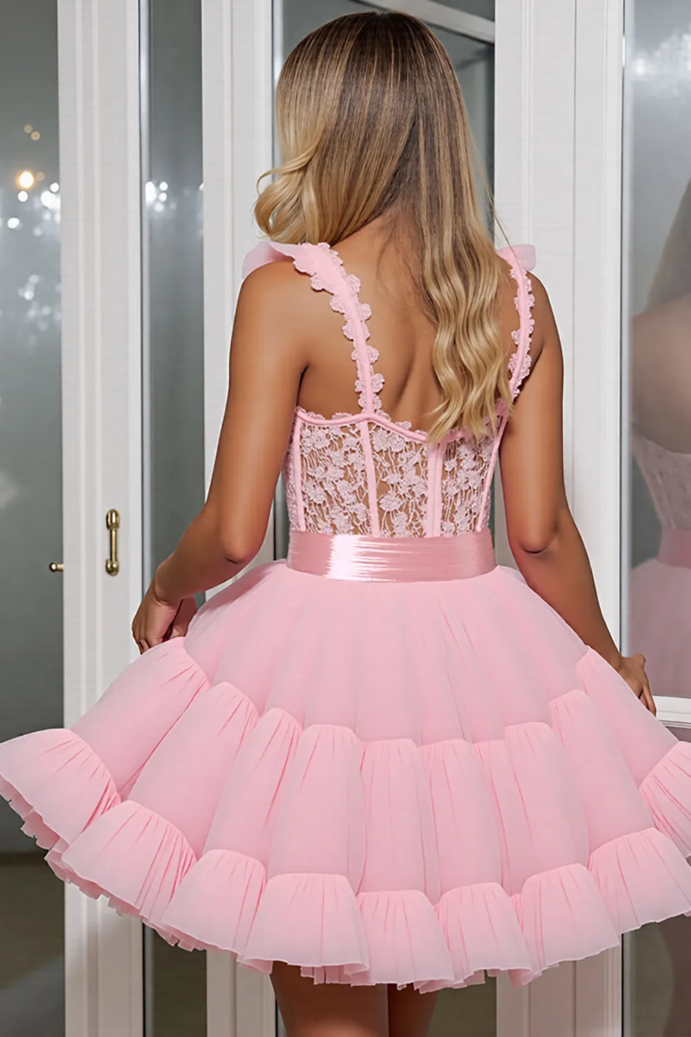 Light Pink Tulle Corset Appliqued A Line Short Homecoming Dress sold by Zapaka product image thumbnail 2