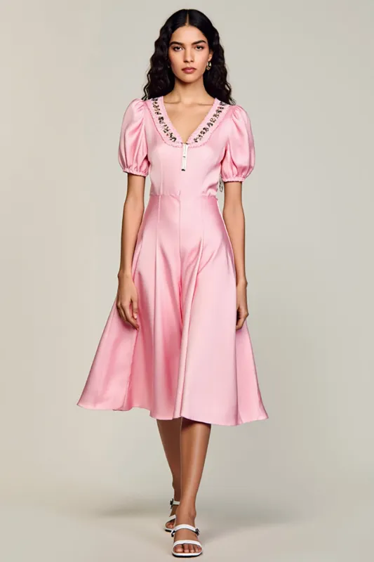 Pink Satin A Line Midi Wedding Guest Dress with Puff Sleeves sold by Zapaka
