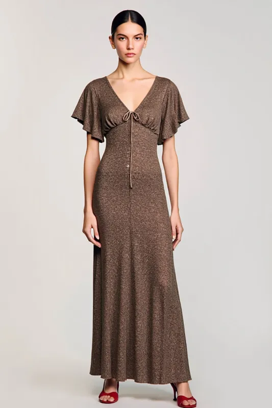 Coffee V Neck Wedding Guest Dress with Flutter Sleevs sold by Zapaka