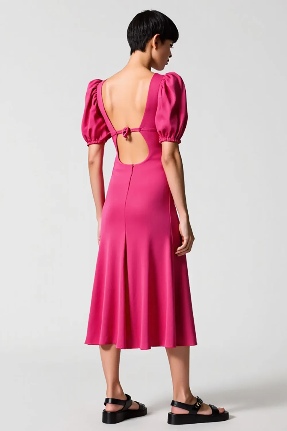 Pink Puff Sleeve A Line Midi Wedding Guest Dress sold by Zapaka product image thumbnail 2