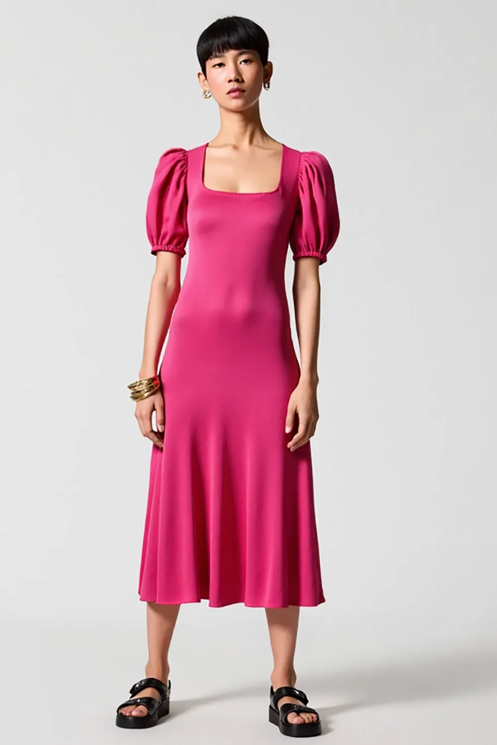 Pink Puff Sleeve A Line Midi Wedding Guest Dress sold by Zapaka