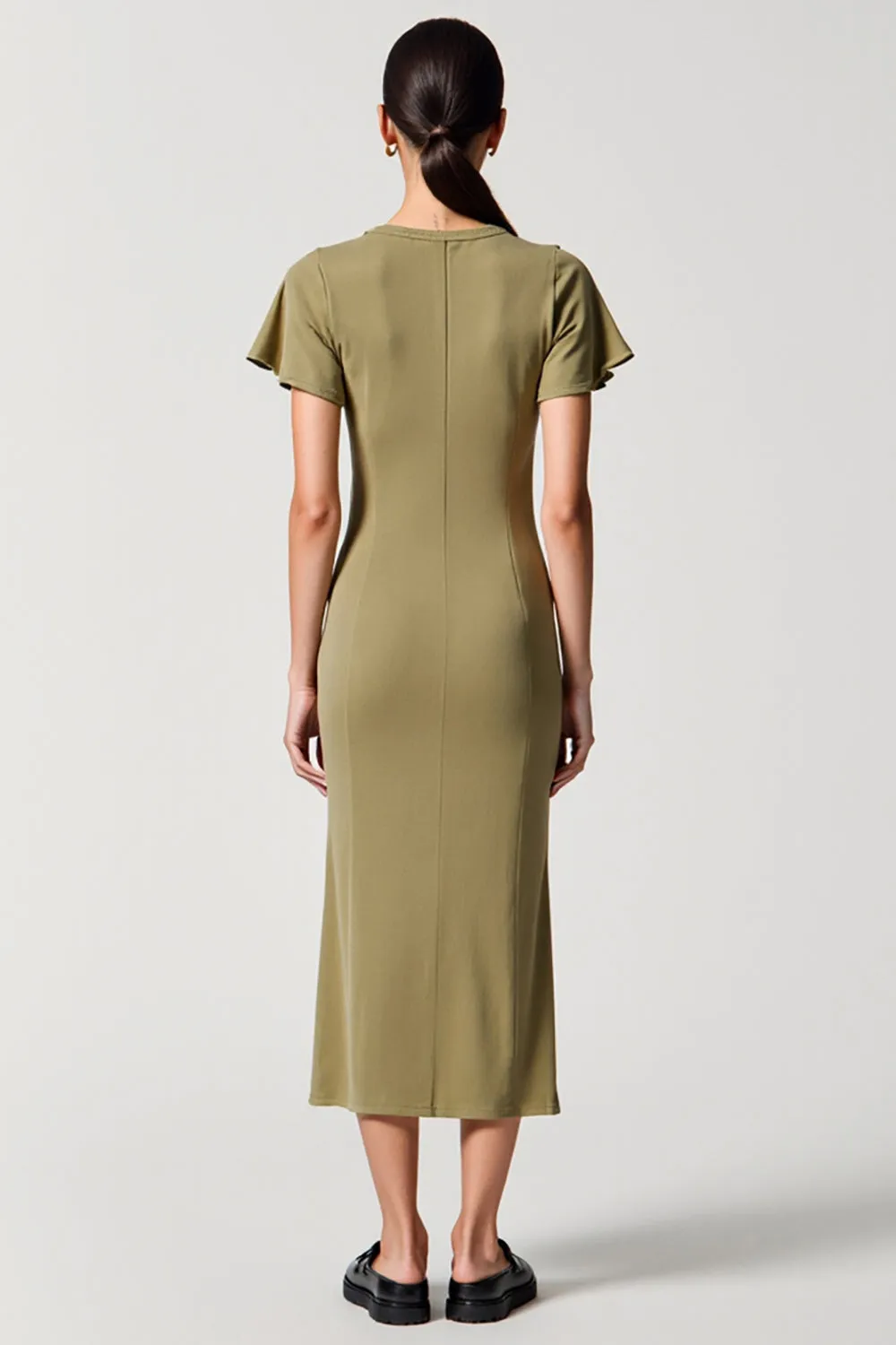 Olive Sheath Square Neck Wedding Guest Dress with Slit sold by Zapaka product image thumbnail 2