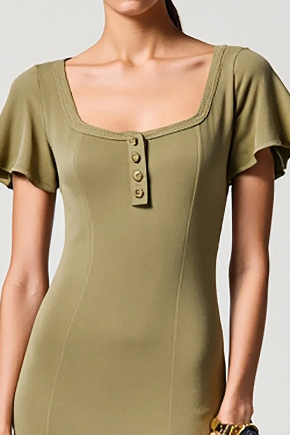 Olive Sheath Square Neck Wedding Guest Dress with Slit sold by Zapaka product image thumbnail 3