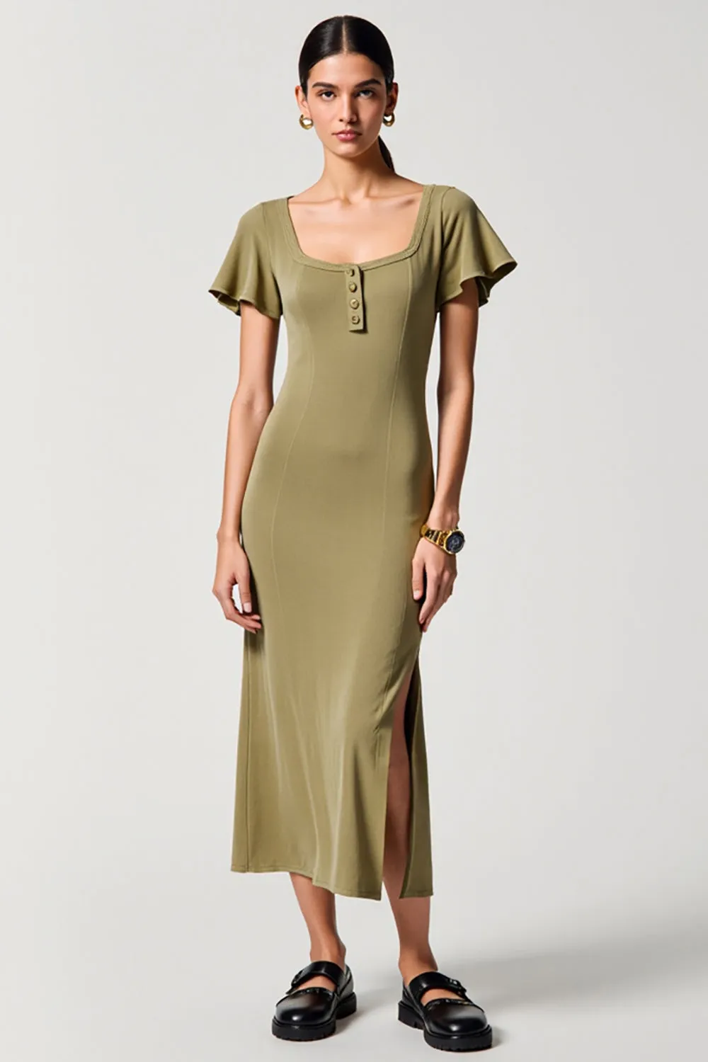 Olive Sheath Square Neck Wedding Guest Dress with Slit sold by Zapaka