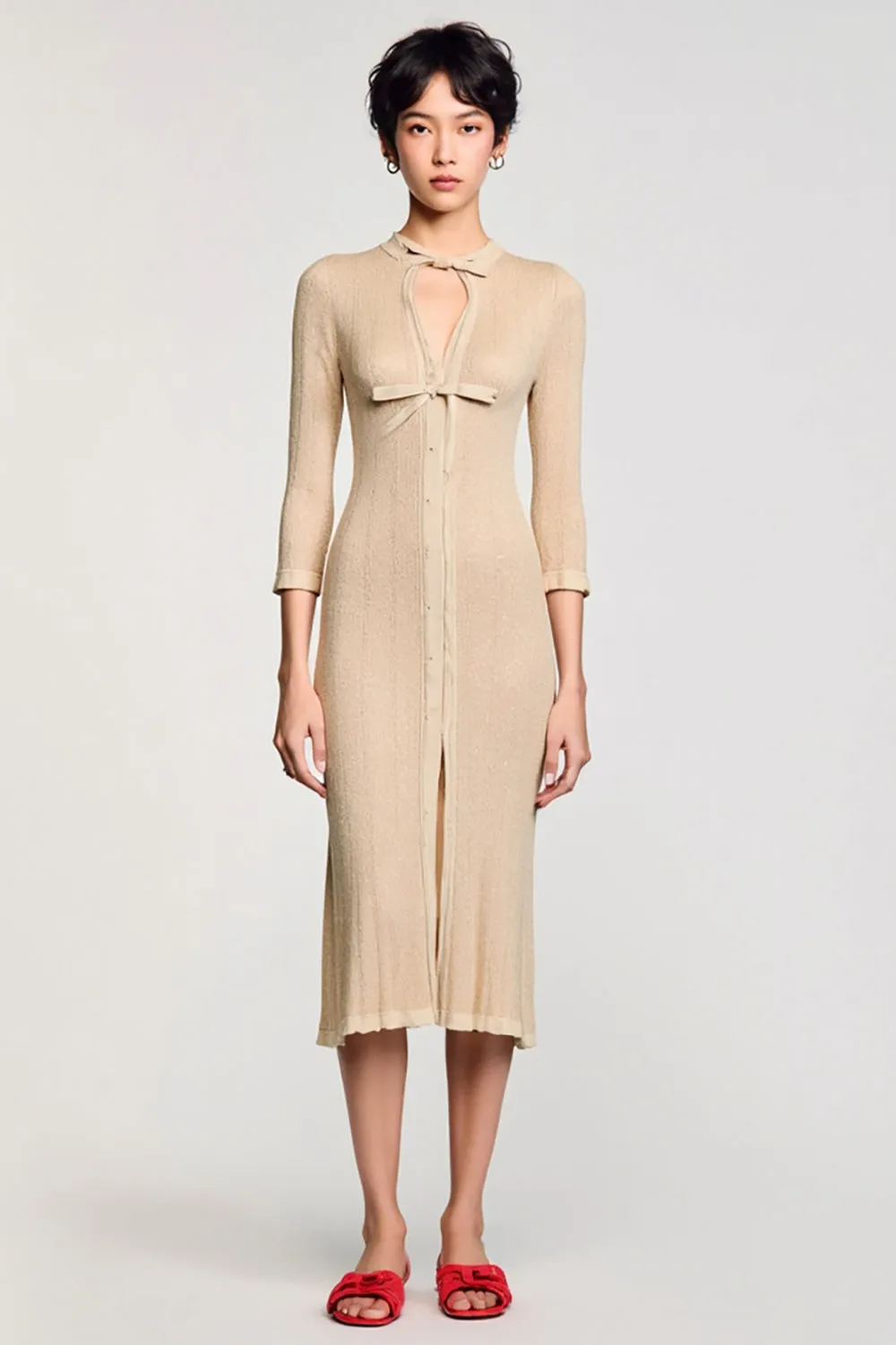 Apricot Jersey Sheath Midi Wedding Guest Dress sold by Zapaka