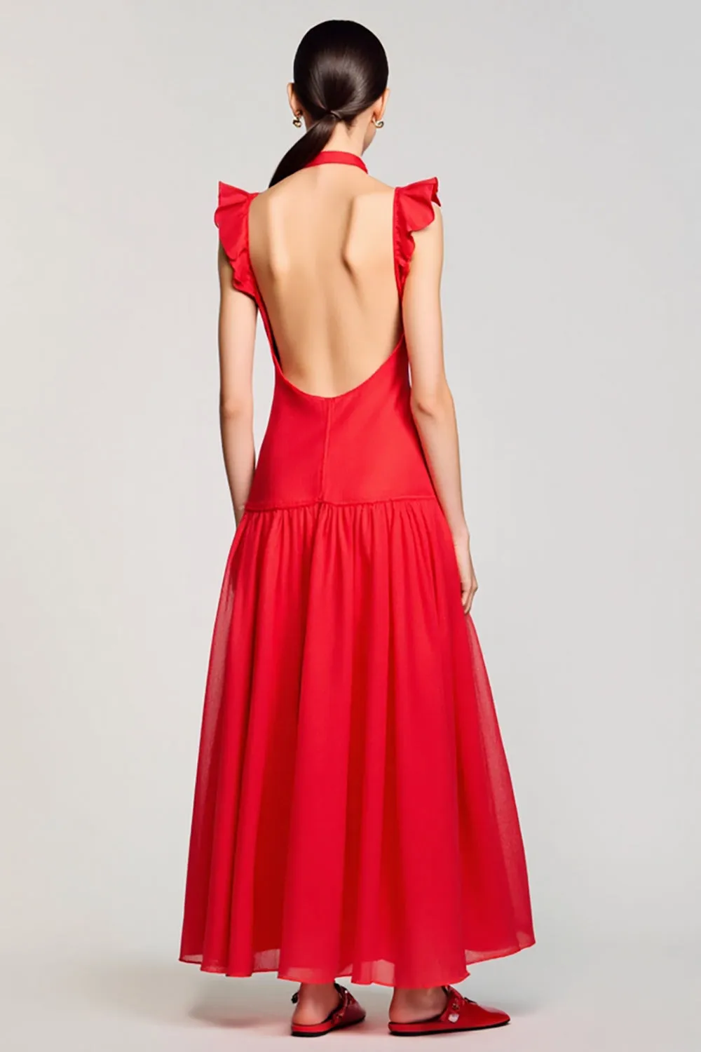 Ruffled Sleeves A Line Red Chiffon Wedding Guest Dress sold by Zapaka product image thumbnail 2