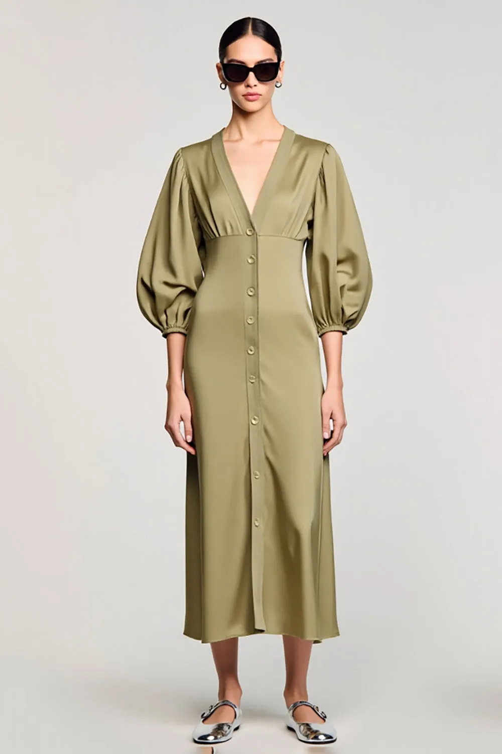 Olive Satin Sheath V Neck Wedding Guest Dress sold by Zapaka