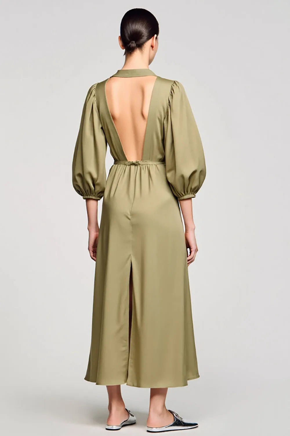 Olive Satin Sheath V Neck Wedding Guest Dress sold by Zapaka product image thumbnail 2