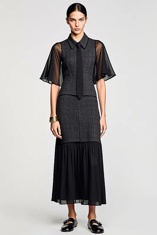 Black Polo Collar A Line Wedding Guest Dress with Tie sold by Zapaka