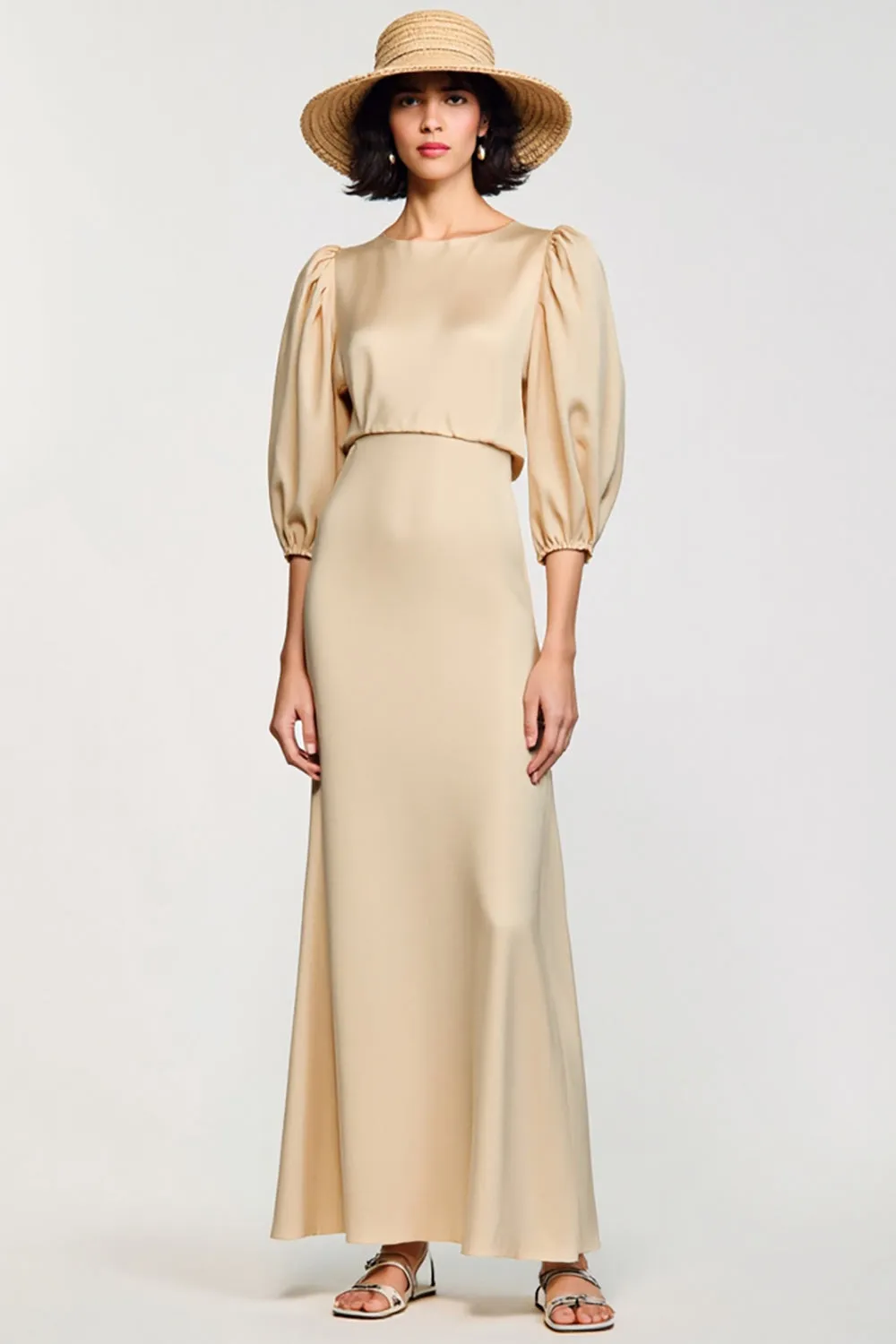 Apricot A Line 3/4 Sleeve Wedding Guest Dress sold by Zapaka