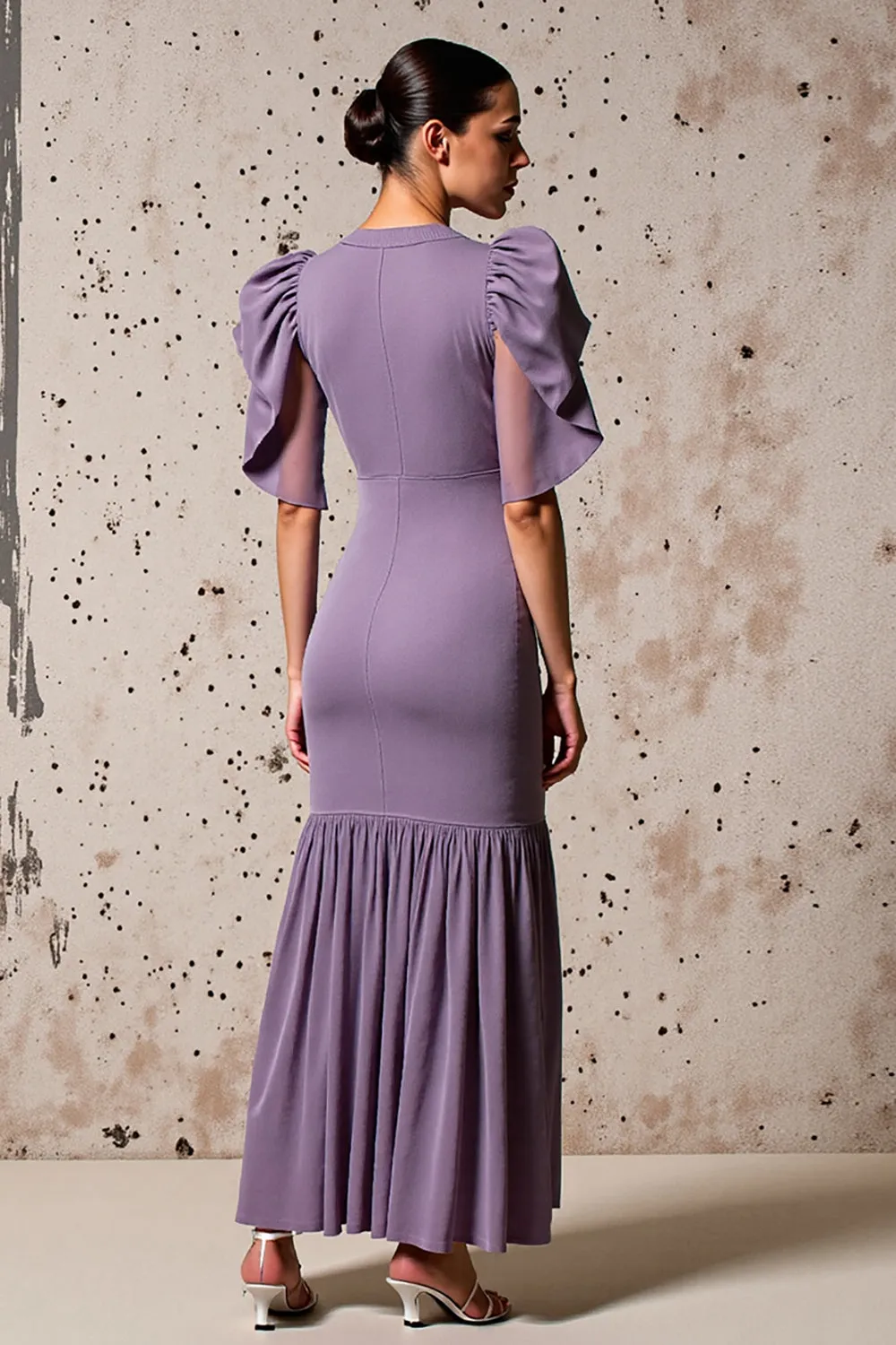 Purple Sheath Flutter Sleeves Wedding Guest Dress sold by Zapaka product image thumbnail 2