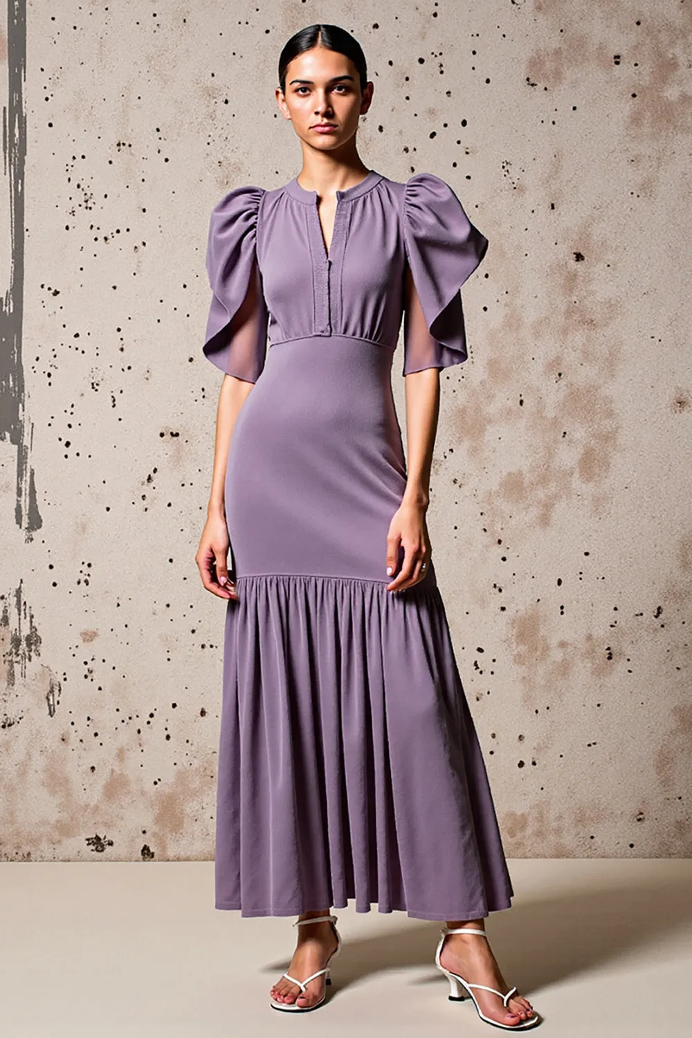 Purple Sheath Flutter Sleeves Wedding Guest Dress sold by Zapaka
