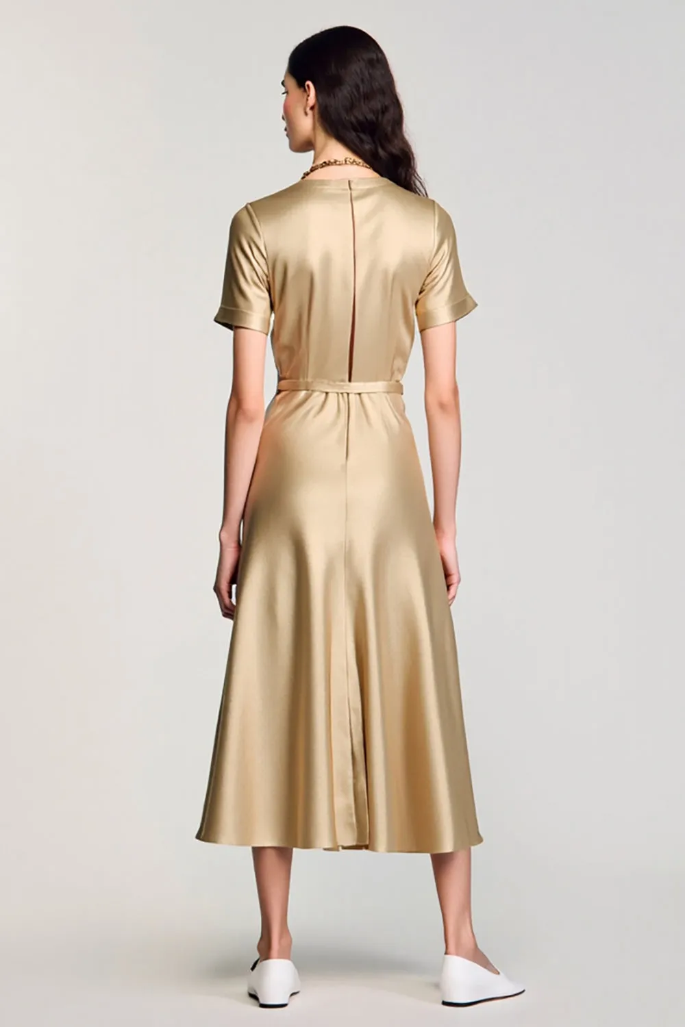 Champagne Satin A Line Midi Wedding Guest Dress sold by Zapaka product image thumbnail 2