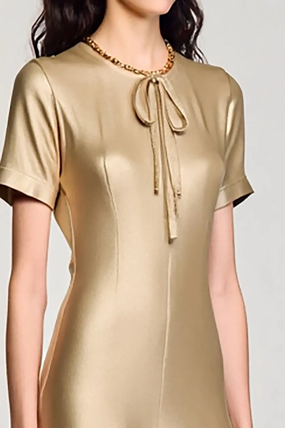 Champagne Satin A Line Midi Wedding Guest Dress sold by Zapaka product image thumbnail 3
