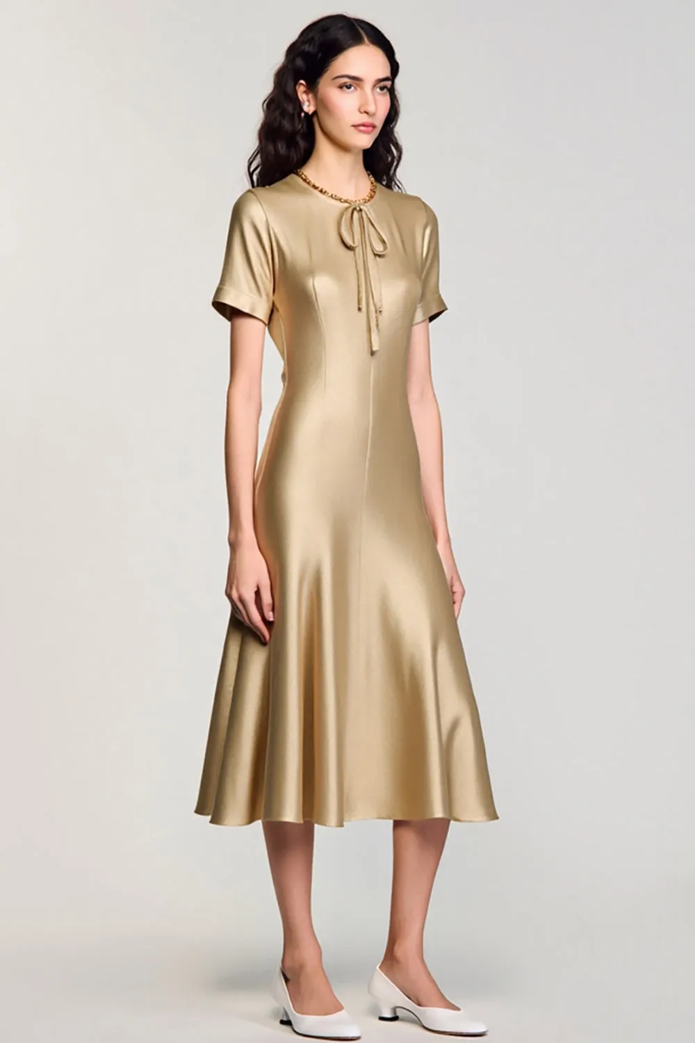 Champagne Satin A Line Midi Wedding Guest Dress sold by Zapaka