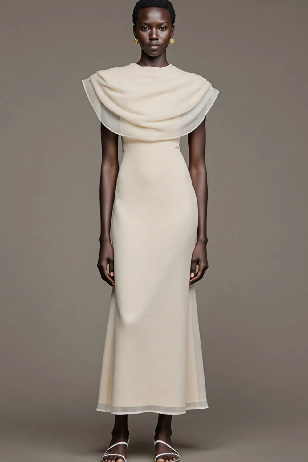 Ivory Mermaid Cape Collar Wedding Guest Dress sold by Zapaka