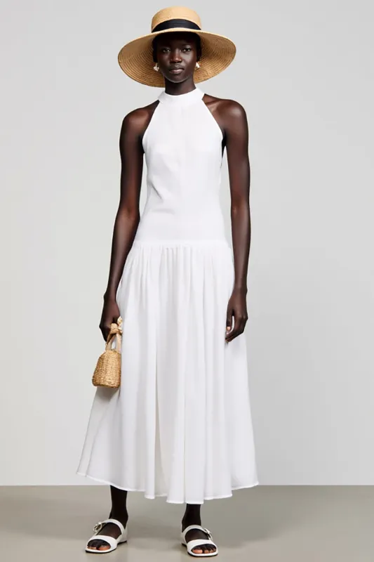 White Cotton Halter A Line Wedding Guest Dress sold by Zapaka