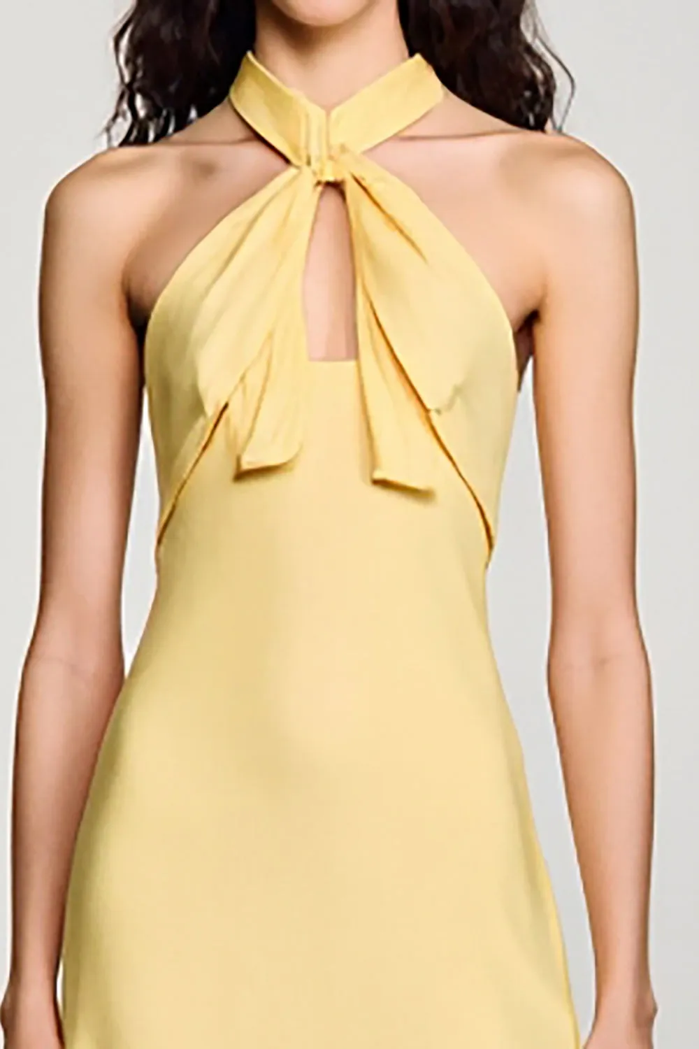 Yellow Crepe Halter A Line Wedding Guest Dress sold by Zapaka product image thumbnail 3