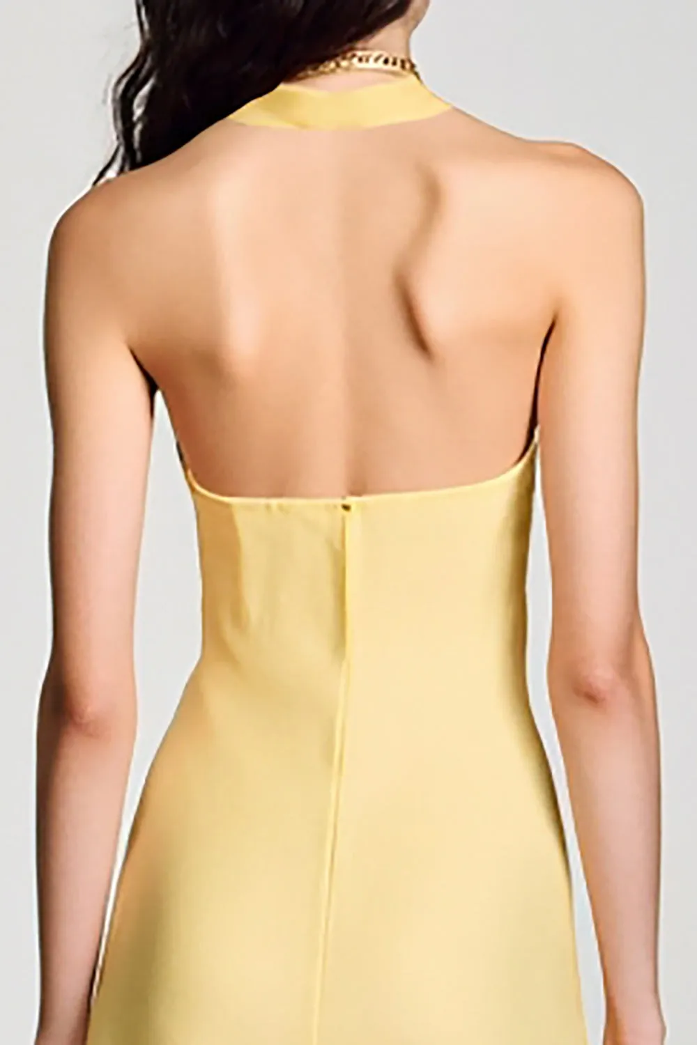 Yellow Crepe Halter A Line Wedding Guest Dress sold by Zapaka product image thumbnail 4