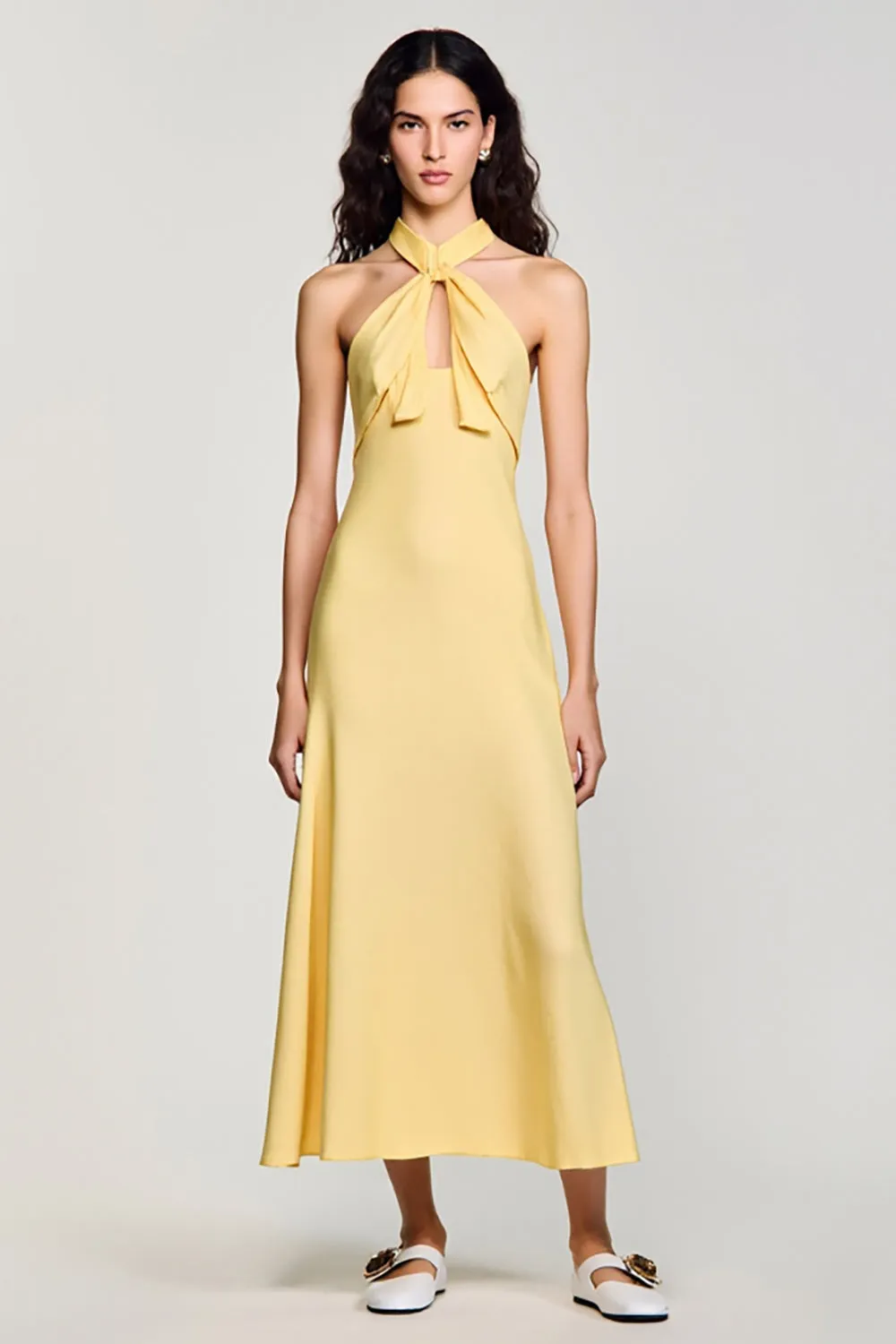 Yellow Crepe Halter A Line Wedding Guest Dress sold by Zapaka