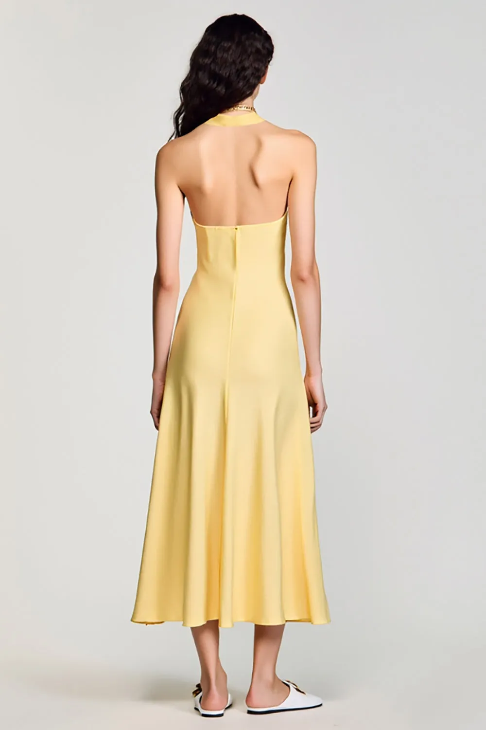 Yellow Crepe Halter A Line Wedding Guest Dress sold by Zapaka product image thumbnail 2